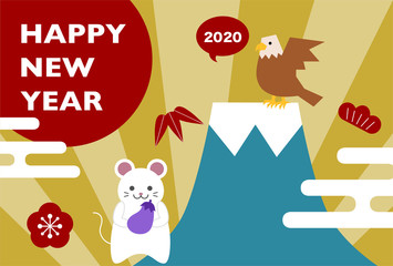 Fototapeta na wymiar 2020年子年の年賀状イラスト: ネズミと一富士二鷹三茄子