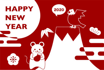 2020年子年の年賀状イラスト: ネズミと一富士二鷹三茄子