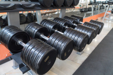 Fototapeta premium row of dumbbells in a modern gym