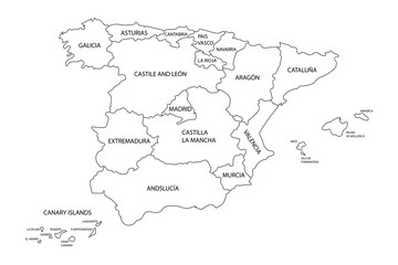 Fototapeta na wymiar Map of Spain with borders of regions, states or autonomous communities. Detailed black outline map silhouette for banner, poster, web-site. Travel concept. EPS10 illustration.