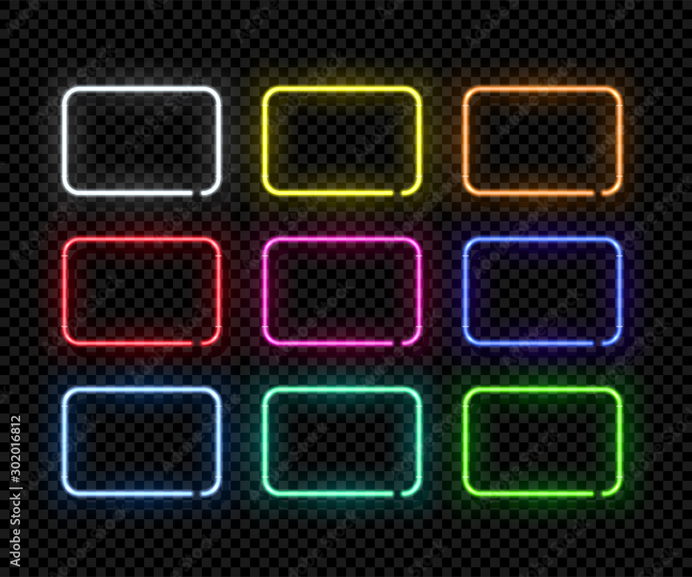 Poster different color neon frames. vector realistic neon rectangles isolated on transparent background.