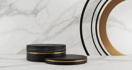 3d rendering of black marble pedestal steps isolated on white marble background, golden ring, 3 cylinders, abstract minimal concept, blank space, luxury minimalist mockup