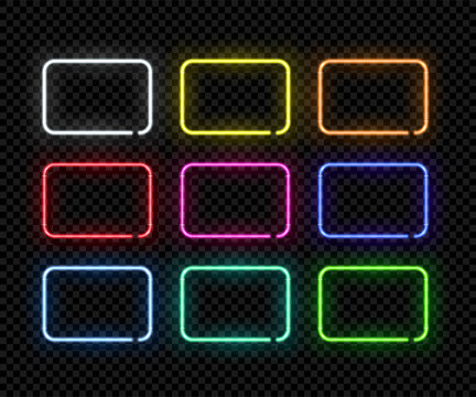 Different color neon frames. Vector realistic neon rectangles isolated on transparent background.