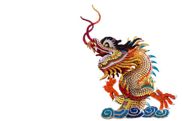 Chinese golden dragon statue for decoration in the temple isolated on white background.