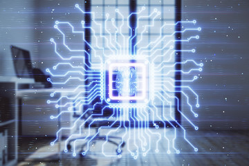 Brain sign hologram with minimalistic cabinet background. Double exposure. Ai concept.
