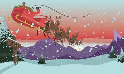 Santa flying with sleigh and reindeer