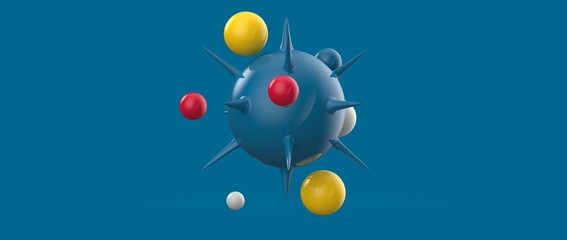 Diseño de esferas con espinas y burbujas flotantes. Ilustración 3d de figuras geométricas abstractas, materiales plásticos y vidrio transparente. Fondo tridimensional realista