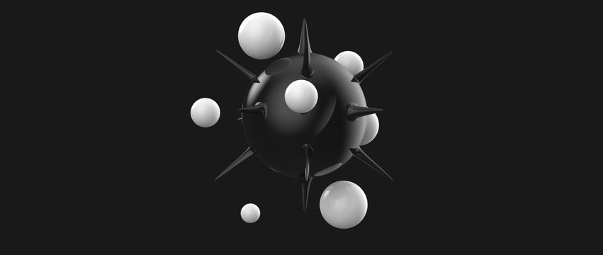 Dise&ntilde;o de esferas con espinas y burbujas flotantes. Ilustraci&oacute;n 3d de figuras geom&eacute;tricas abstractas, materiales pl&aacute;sticos y vidrio transparente. Fondo tridimensional realista