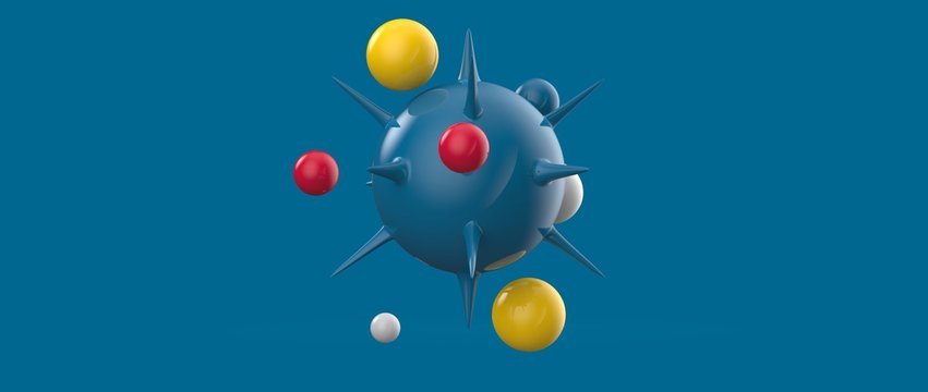 Dise&ntilde;o de esferas con espinas y burbujas flotantes. Ilustraci&oacute;n 3d de figuras geom&eacute;tricas abstractas, materiales pl&aacute;sticos y vidrio transparente. Fondo tridimensional realista