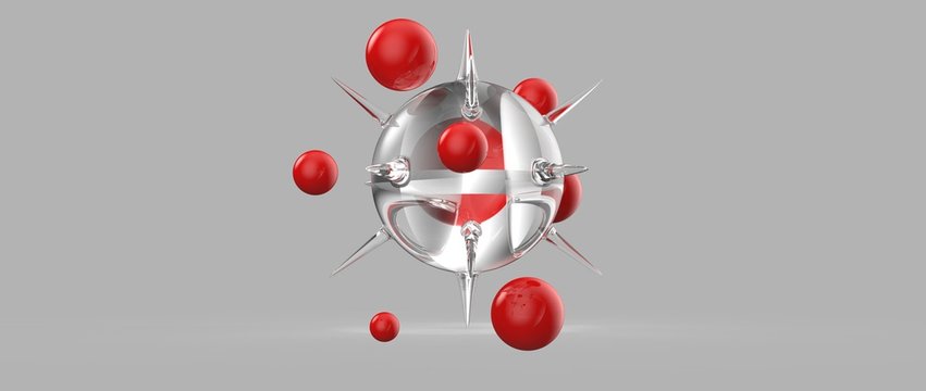 Dise&ntilde;o de esferas con espinas y burbujas flotantes. Ilustraci&oacute;n 3d de figuras geom&eacute;tricas abstractas, materiales pl&aacute;sticos y vidrio transparente. Fondo tridimensional realista