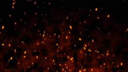 Burning red hot flying sparks fire in the night sky. Beautiful abstract background flying on black...