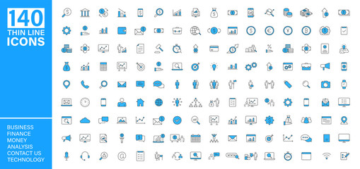 Big vector collection of 140 thin line Web icon. Business, contact us, money, analysis, banking, technology, social media. Set icons. Vector illustration.