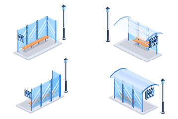 Modern Bus Stop concept of landing page vector isometric 3D illustration.