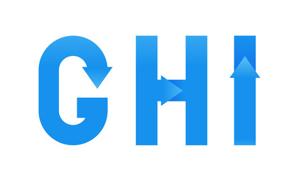 Font alphabet design with blue gradient arrow. Flat logo design. Vector typeface modern typography.