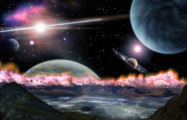 Fantastic view from the ground 3D rendering. Space and planets from another solar system. The...