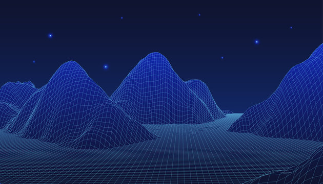 Background of landscape with big mountains in a metaverse and a deep blue sky with stars.