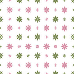 Seamless geometric winter pattern with small pink and green snowflakes on a white background