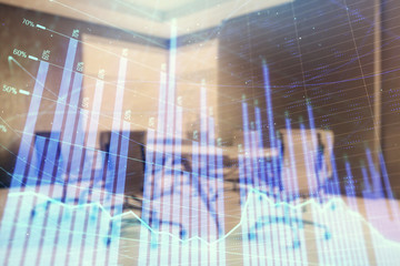 Multi exposure of stock market graph on conference room background. Concept of financial analysis