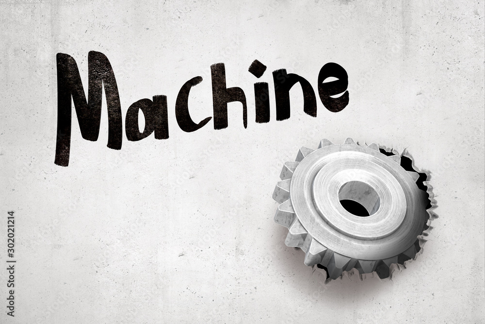 Poster 3d rendering of concrete wall with title 'machine' and metal cog wheel that has broken hole in the w