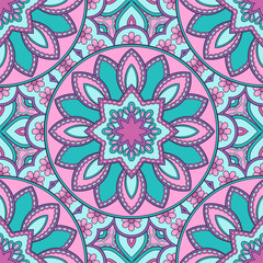 Decorative colorful ethnic seamless pattern for fabric or wrapping in oriental style. Hand drawn illustration