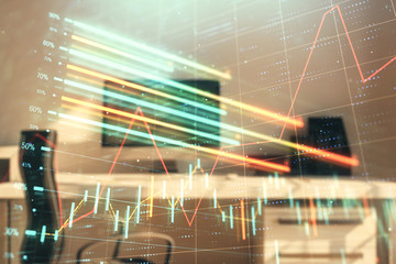 Stock market chart and desktop office computer background. Multi exposure. Concept of financial analysis.