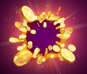 Vector illustration of an explosion of gold coins in a retro frame. Vintage frame with incandescent lamps. Background for the casino. - 302022087