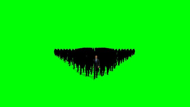 Businessmen crowd forming arrow shape pointing down, 4K, against Green Screen