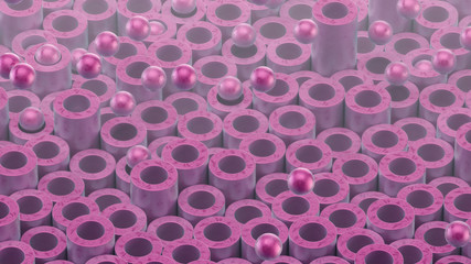 Cylindrical tubes and balls. Beautiful pink color and surface texture. Good background for your motion design. 3d illustration