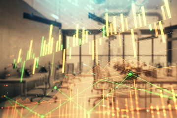 Stock and bond market graph with trading desk bank office interior on background. Multi exposure. Concept of financial analysis