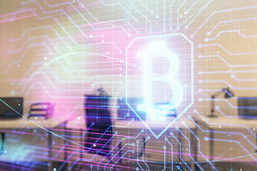 Cryptocurrency theme drawing with office interior background. Double exposure. Concept of blockchain.