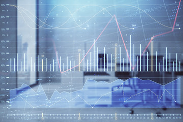 Stock market chart with trading desk bank office interior on background. Double exposure. Concept of financial analysis