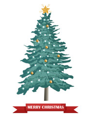 Merry Christmas fir tree with holiday ornaments. Baubles, fairy lights and shining star on top. Vector