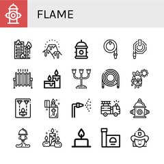 Set of flame icons such as Fire hydrant, Building on fire, Lava, Hydrant, Water hose, Heat, Candles, Candle holder, Hose, Hot, Spaceship, Lighter, Fire hose, truck , flame