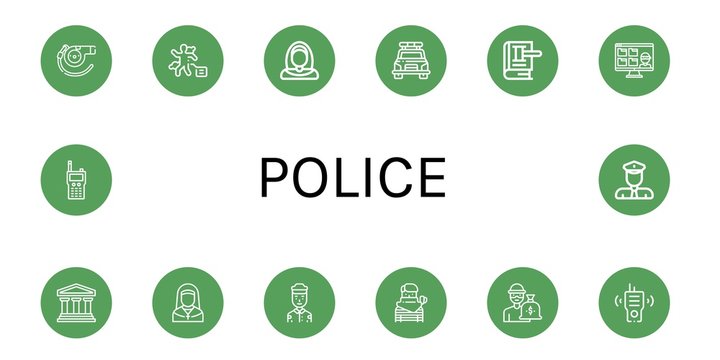Set of police icons such as Whistle, Crime scene, Nun, Police car, Law, Thief, Legal, Security guard, Walkie talkie, Policeman , police