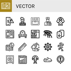 Set of vector icons such as Scrapbook, Risk, Referee, Oven, Customs, Crystal ball, Newspaper, Table clock, Bar, Flea, Ticket, Online learning, Ruler, Moisturizer, Buddhism , vector