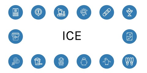 Set of ice icons such as Candy, Cocktail, Bartender, Cool, Snowboard, Lollipop, Sand bucket, Crystal, Penguin, Flippers, Bucket, Air hockey , ice