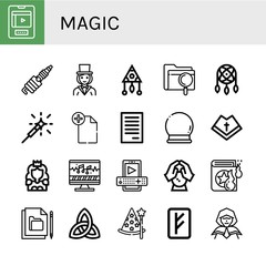 Set of magic icons such as Entertainment, Spark, Magician, Dreamcatcher, File, Sparkler, Crystal ball, Mantle, Princess, Sound editing, Spell book, Paganism, Wizard, Rune , magic