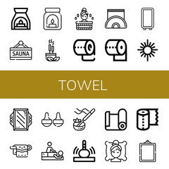 Set of towel icons such as Aromatherapy, Sauna, Aroma, Incense, Toilet paper, Napkin holder, Mirror, Towel, Massage, Paper roll, Spa, Paper towel ,