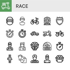 Set of race icons such as Moped, Hockey helmet, Swimmer, Bike, Stopwatch, Highway, Chronometer, Classic car, Motorcycle, Motocross, Athlete, Tyre, Watch, Horse , race