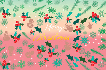 Fototapeta na wymiar Merry Christmas flowers card template vector illustration. Holiday greeting card design with winter flowers and leaves seamless vector pattern. 