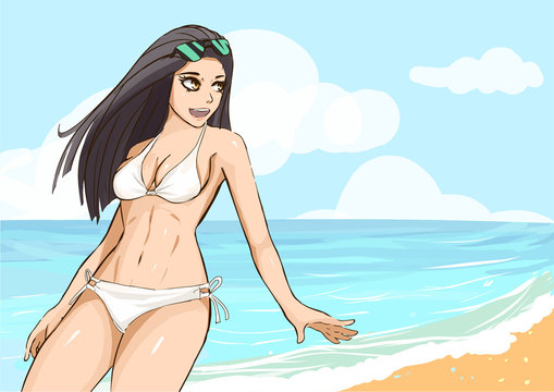 sexy bikini girl cartoon anime on beach vacation and holiday vector concept