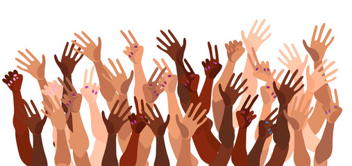 Illustration of a group of people's hands with different skin color together. Diverse crowd, race equality, feminism, tolerance vector art in minimal flat style.