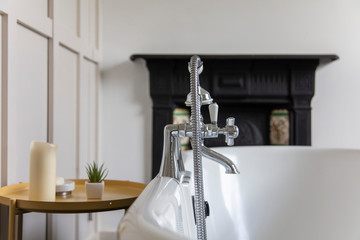 Luxury bathroom interior with classic rolltop bath tub and vintage tap