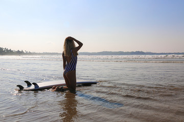 Sexy woman surfer sitting on the coast with board during sunrise in Weligama  Sri Lanka.