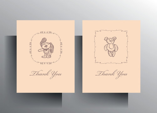 Set of greeting card templates. Design in pastel colors with a hand-drawn character. Vector 10 EPS.
