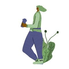 Coffee break. Girl with hot drink. Vector design.