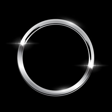 Silver ring with shadow isolated on black background. Vector golden frame.