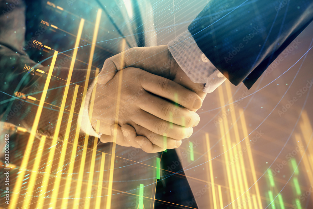 Poster multi exposure of forex graph on abstract background with two businessmen handshake. concept of succ