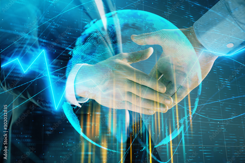 Aufkleber multi exposure of forex graph and world map on abstract background with two businessmen handshake. c