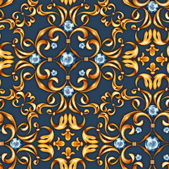 Seamless baroque pattern with decorative golden leaves and gems